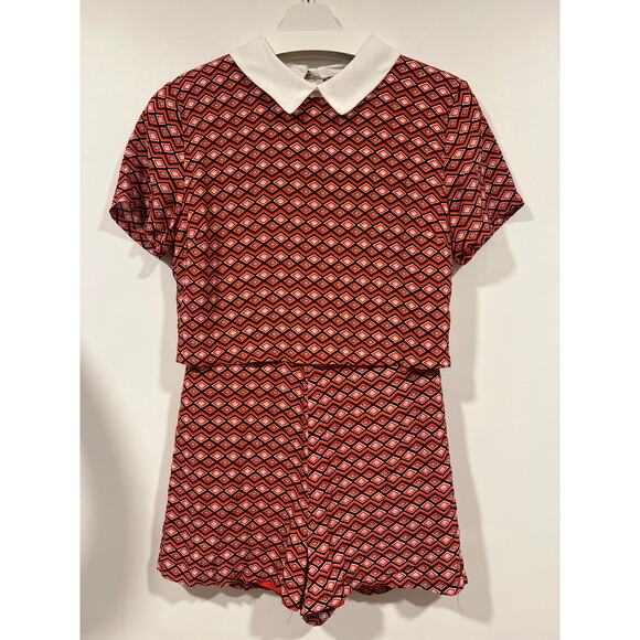 Women’s Rayon Geometric Preppy Romper  Orange Black White Small - Picture 3 of 7